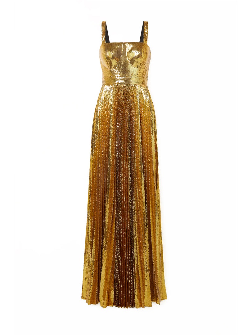 Pleated Gold Sequin Tulle Gown